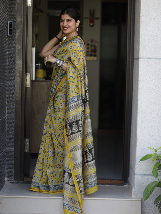 Yellow Chanderi silk cotton saree with floral handblock print