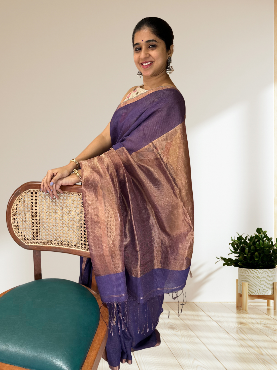 Purple with zari detailing tissue linen handloom saree