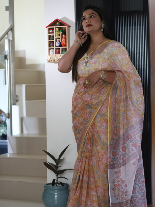 Yellow Kota cotton saree with pink floral handblock print