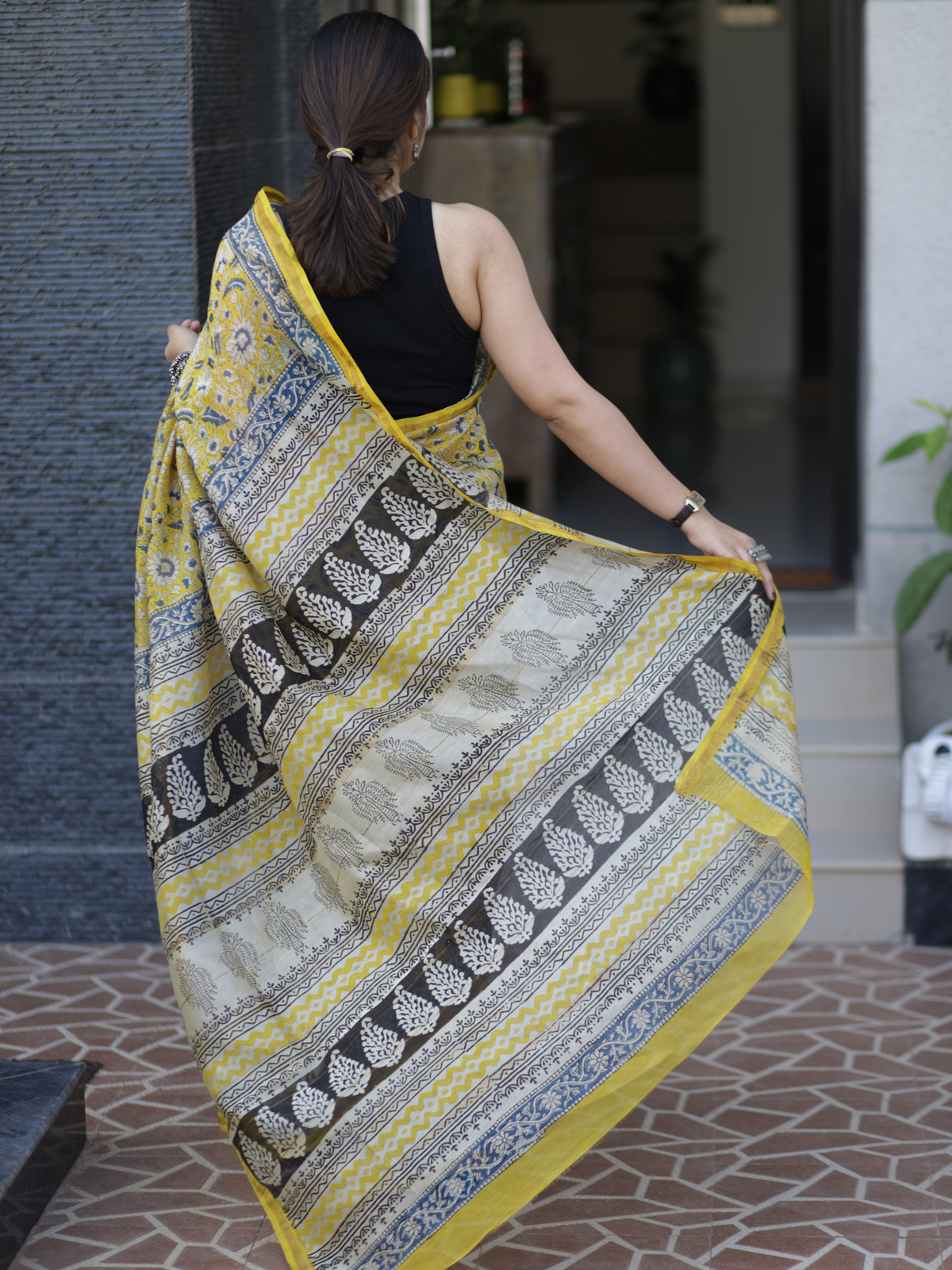 Yellow Chanderi silk cotton saree with floral handblock print