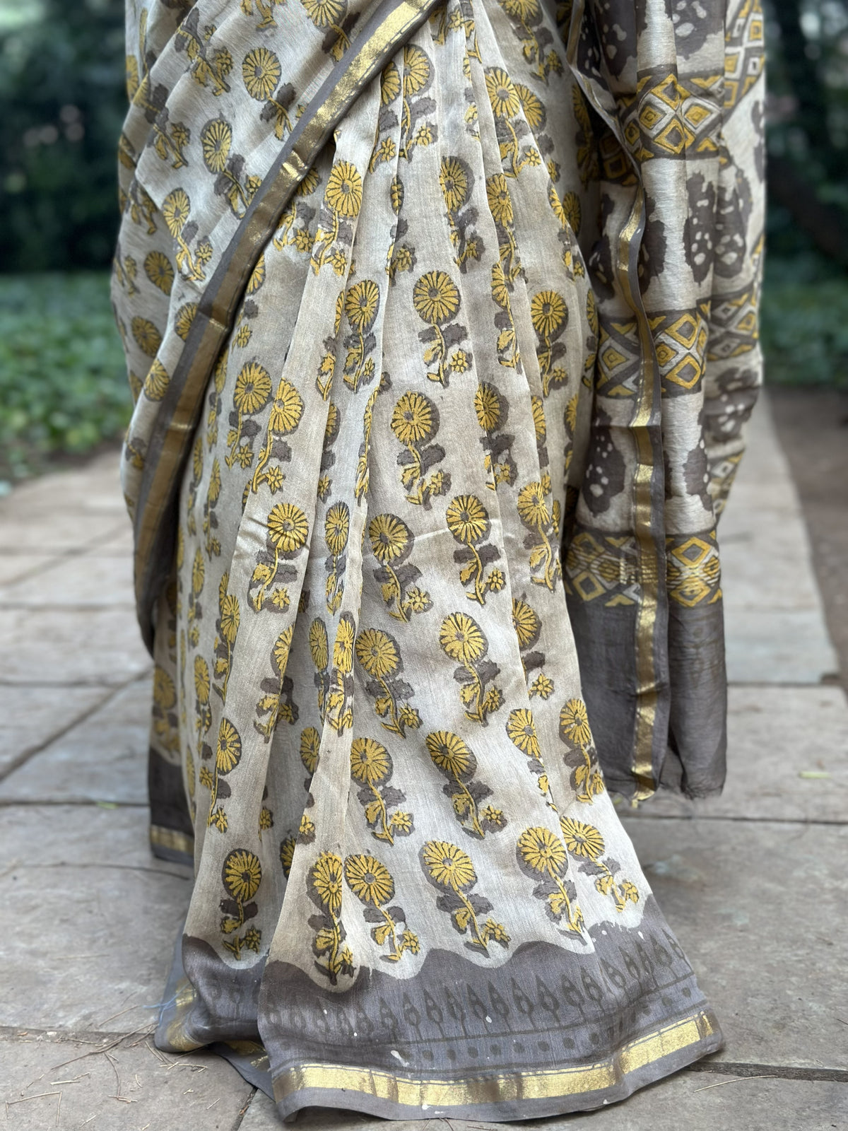 Coffee brown Chanderi silk cotton saree with floral print
