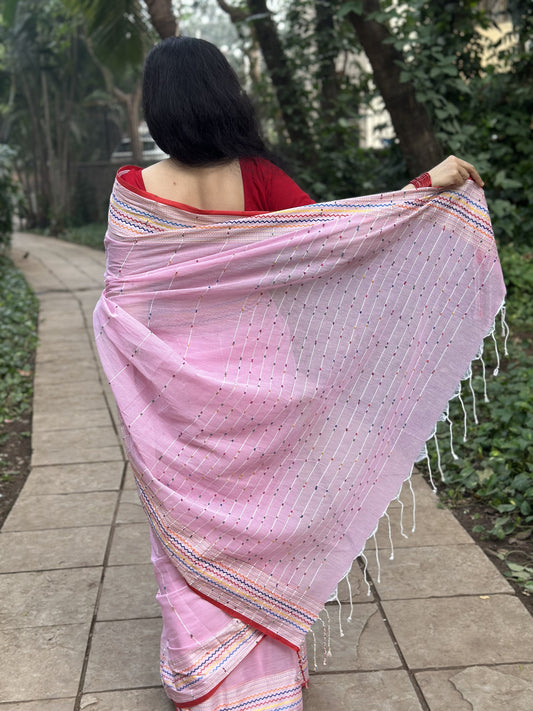 Light pink khadi cotton saree with multicolour Kantha butta.