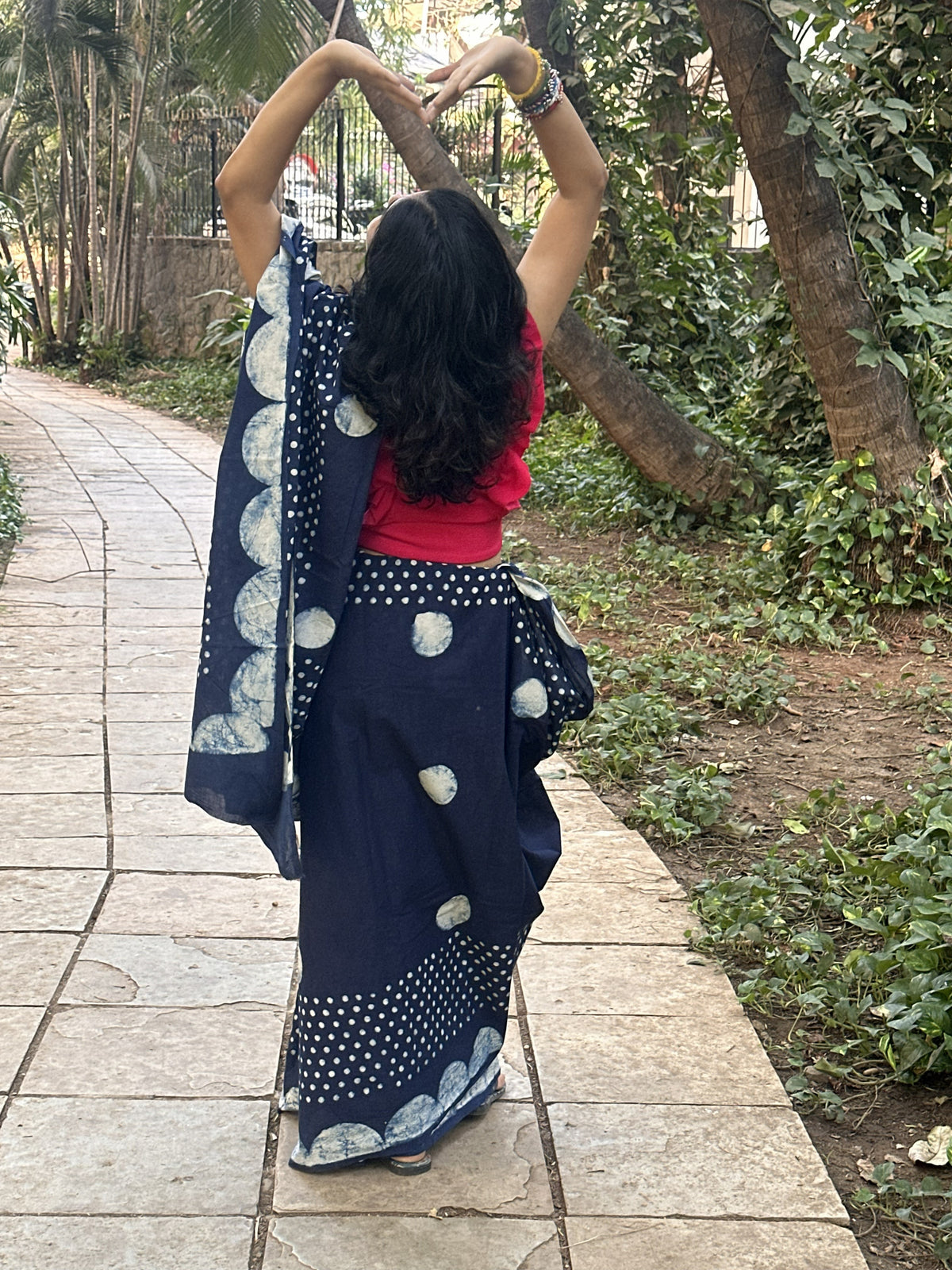 Indigo cotton saree with handblock polka dots