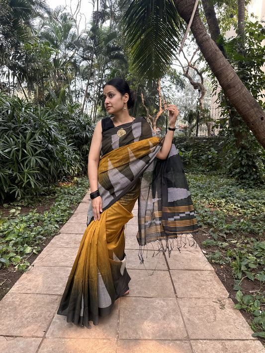 Mustard cotton saree with Kantha stitch and black border