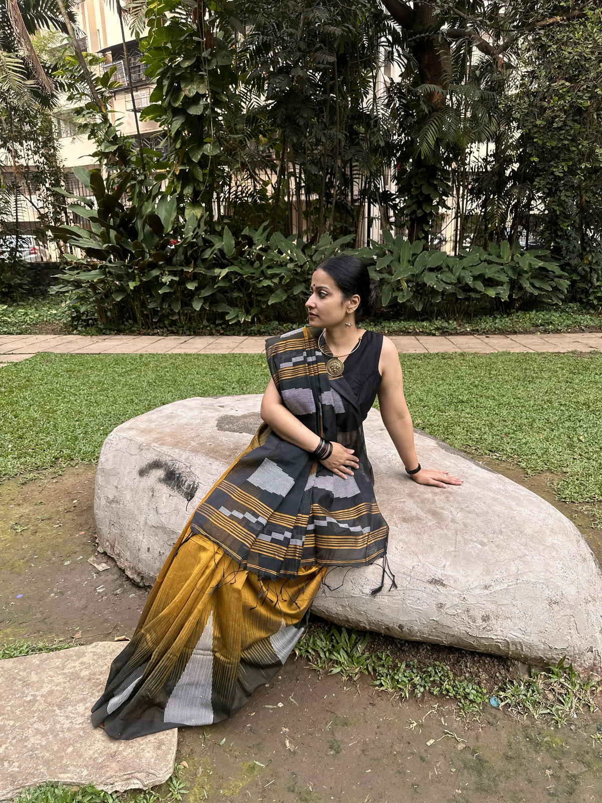 Mustard cotton saree with Kantha stitch and black border