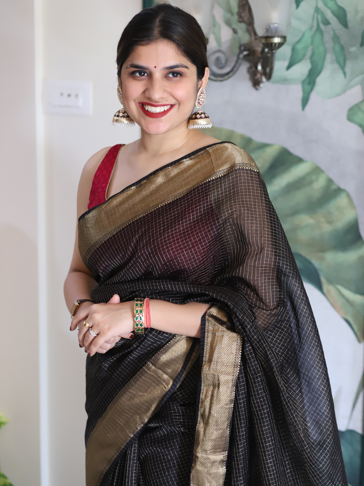 Black Maheshwari silk cotton saree with golden zari border