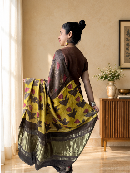 Brown Modal Silk Natural colour handblock print saree
