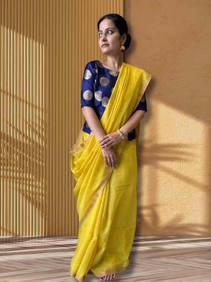 Yellow with zari detailing tissue linen handloom saree