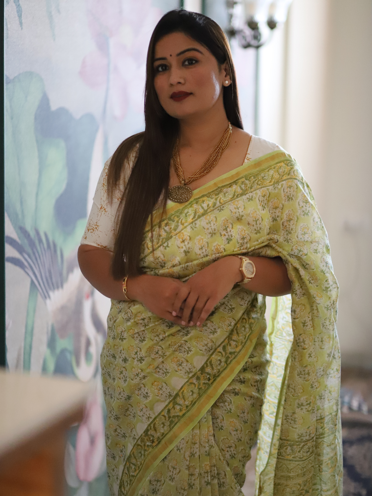 Green Chanderi silk cotton saree with floral handblock print