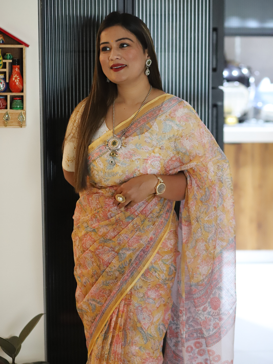 Yellow Kota cotton saree with pink floral handblock print