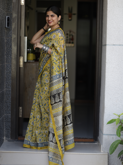 Yellow Chanderi silk cotton saree with floral handblock print