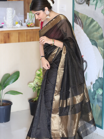Black Maheshwari silk cotton saree with golden zari border