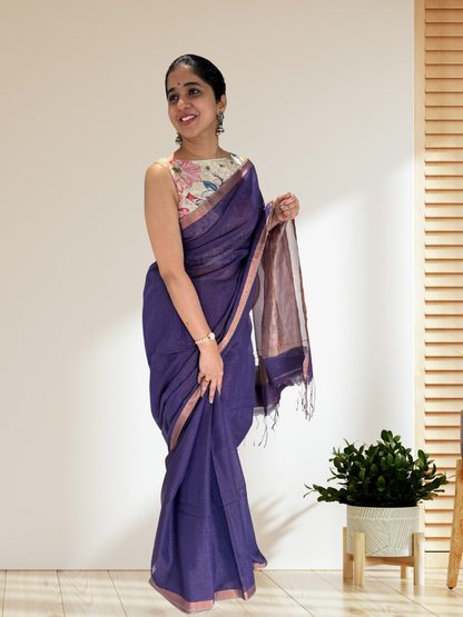 Yellow with zari detailing tissue linen handloom saree