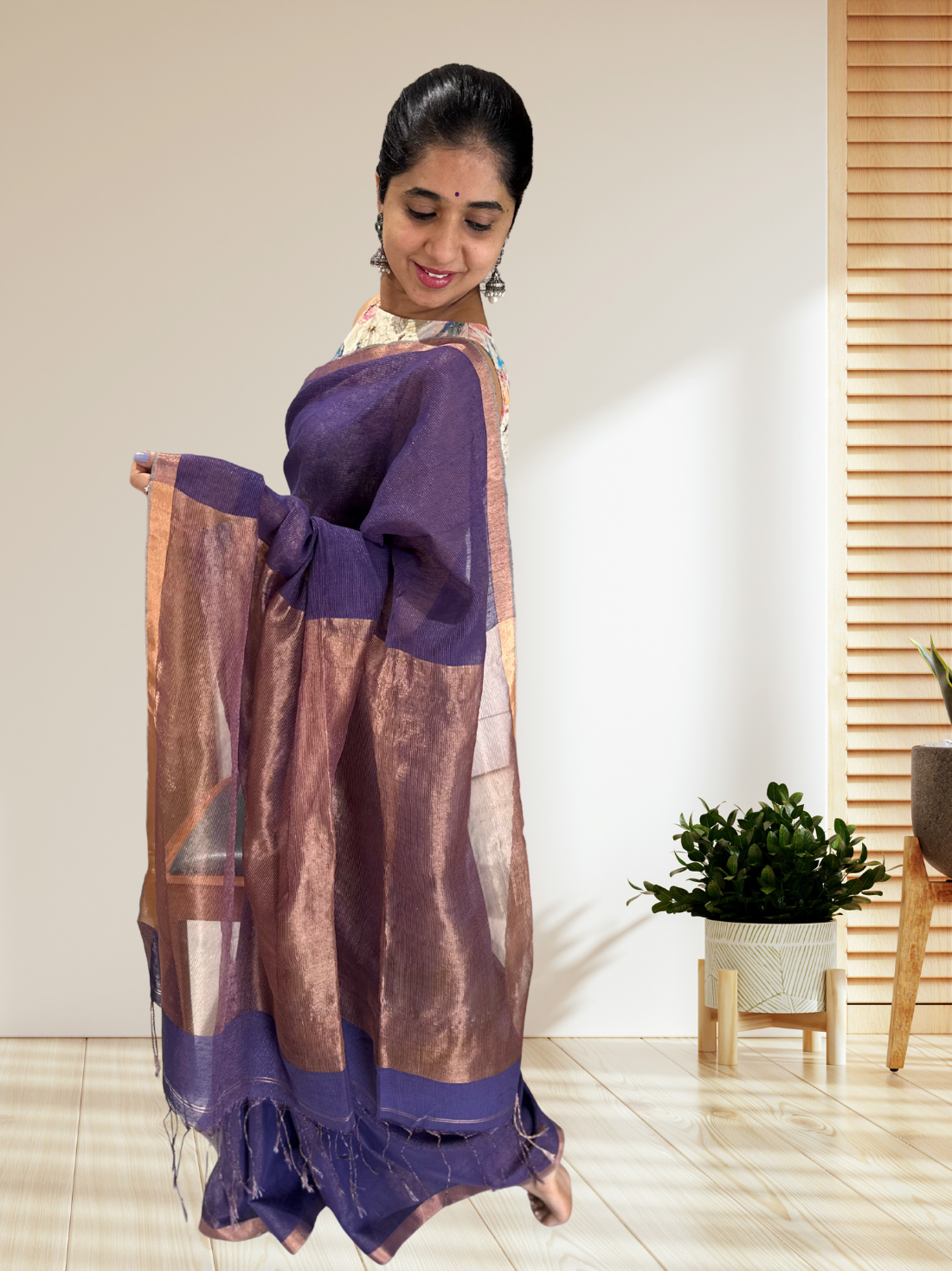 Purple with zari detailing tissue linen handloom saree