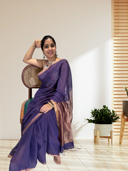 Purple with zari detailing tissue linen handloom saree