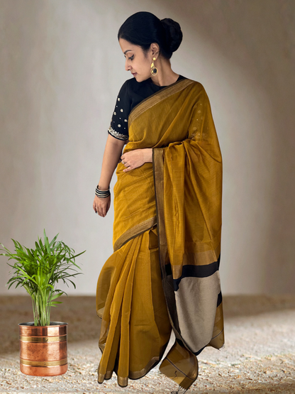 Mustard yellow Maheshwari silk cotton saree with zari border