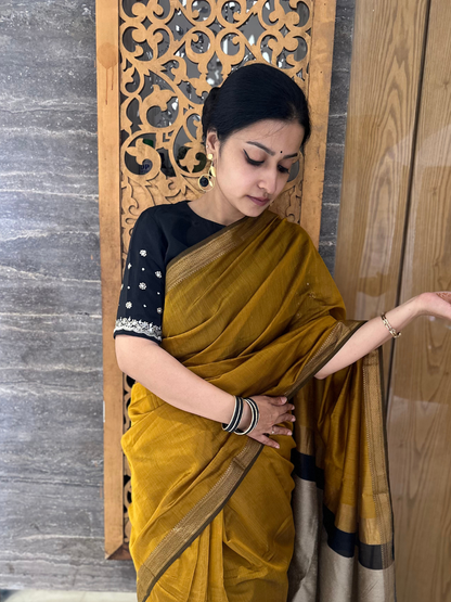 Mustard yellow Maheshwari silk cotton saree with zari border