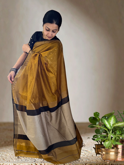 Mustard yellow Maheshwari silk cotton saree with zari border