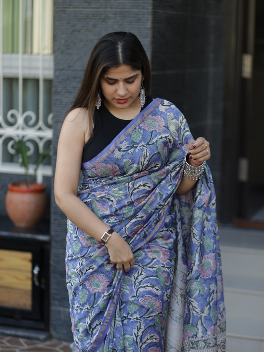 Blue Chanderi silk cotton saree with floral handblock print