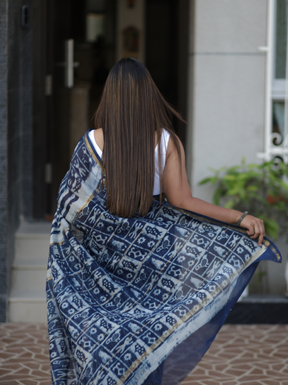 Indigo Chanderi silk cotton saree with tribal motifs