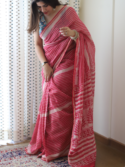 Pink Chanderi silk cotton saree with handblock print