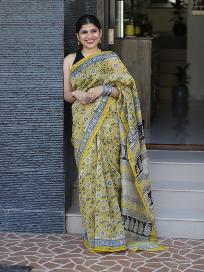 Yellow Chanderi silk cotton saree with floral handblock print