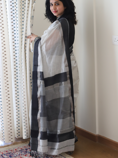 Black and grey Maheshwari silk cotton saree with silver zari border