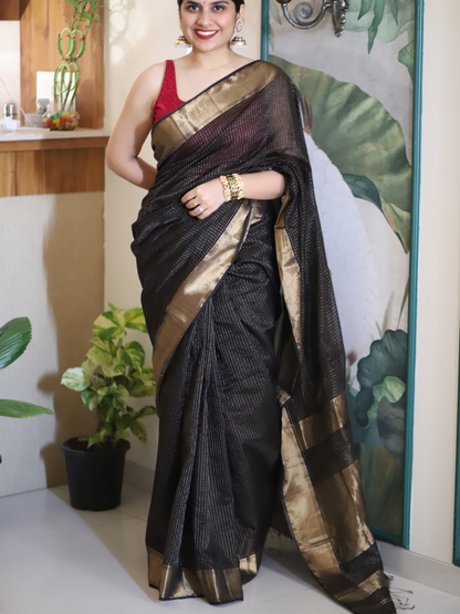Black Maheshwari silk cotton saree with golden zari border