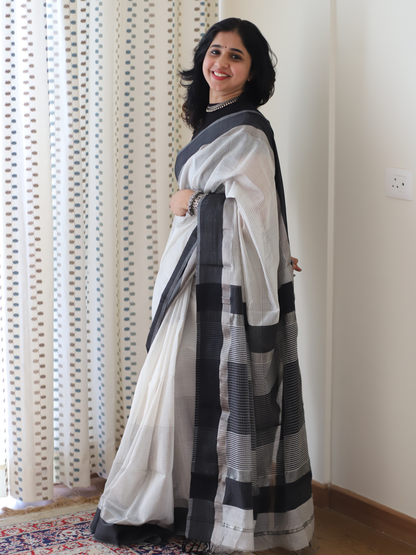 Black and grey Maheshwari silk cotton saree with silver zari border