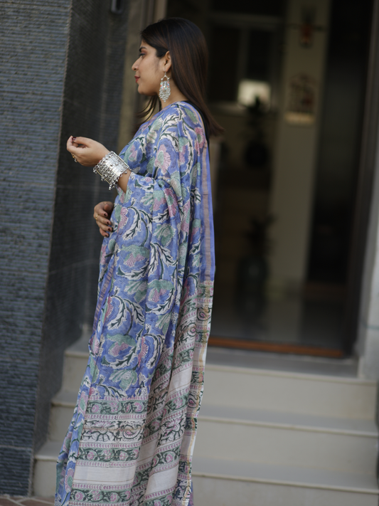 Blue Chanderi silk cotton saree with floral handblock print