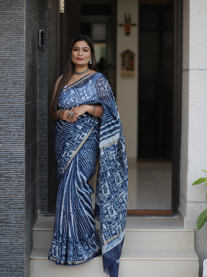 Indigo Chanderi silk cotton saree with tribal motifs