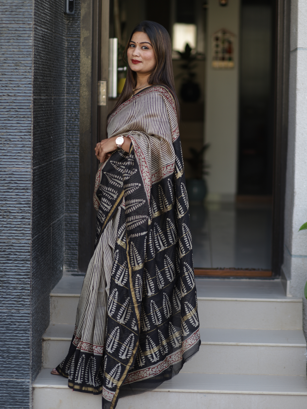 Beige Chanderi silk cotton saree with striped handblock print