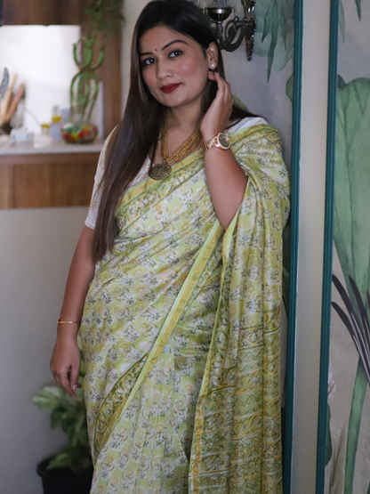 Green Chanderi silk cotton saree with floral handblock print