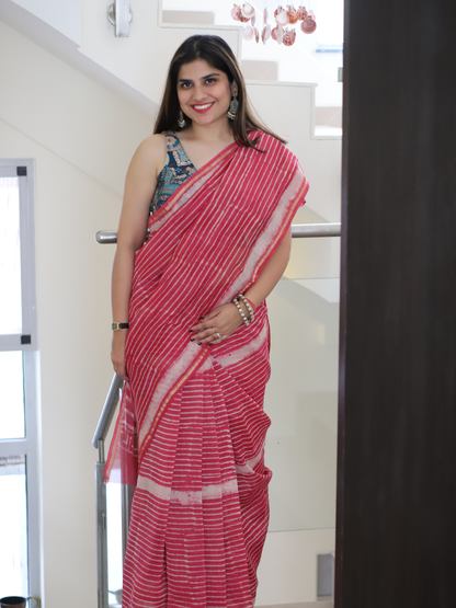 Pink Chanderi silk cotton saree with handblock print