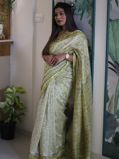 Green Chanderi silk cotton saree with floral handblock print