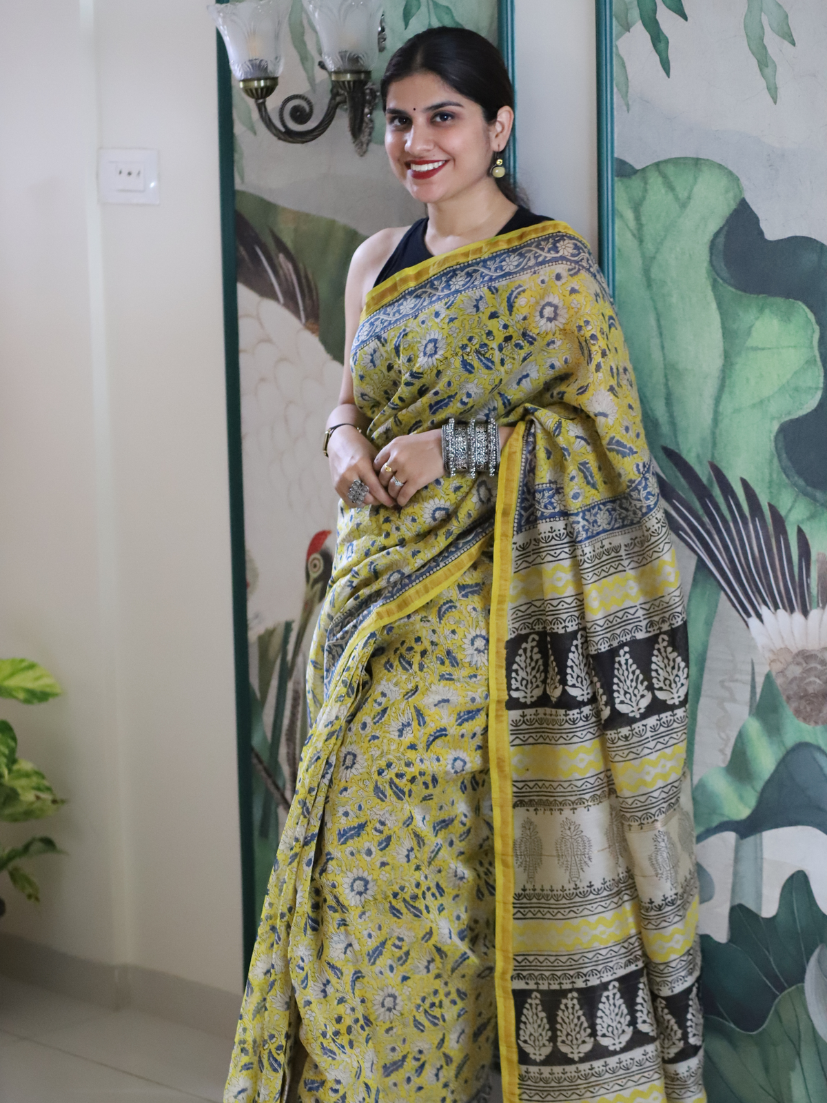 Yellow Chanderi silk cotton saree with floral handblock print