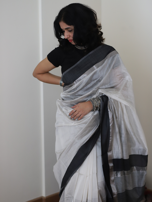 Black and grey Maheshwari silk cotton saree with silver zari border