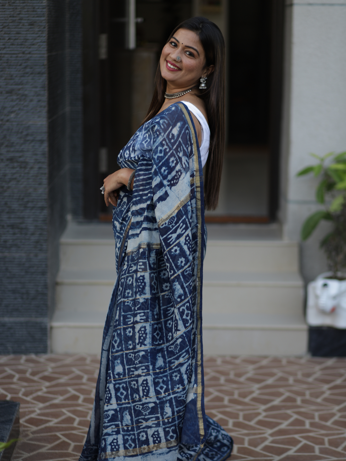 Indigo Chanderi silk cotton saree with tribal motifs