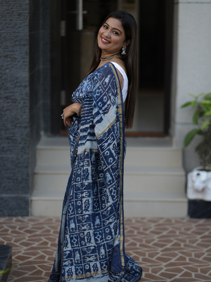 Indigo Chanderi silk cotton saree with tribal motifs