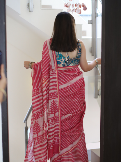 Pink Chanderi silk cotton saree with handblock print