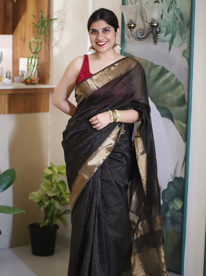 Black Maheshwari silk cotton saree with golden zari border
