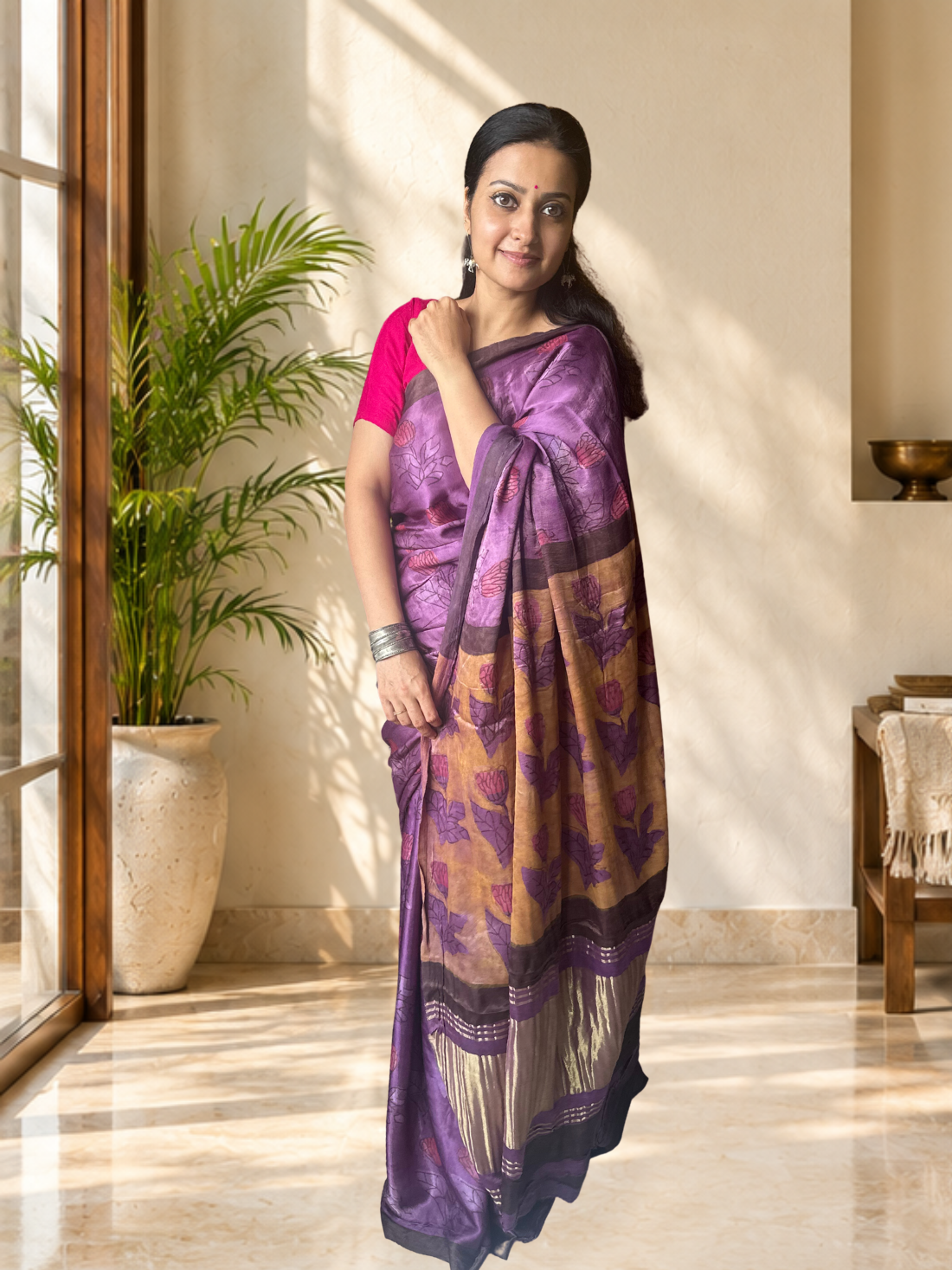 Brown Modal Silk Natural colour handblock print saree