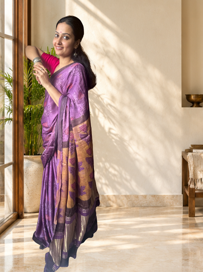 Purple Modal Silk Natural colour handblock print saree