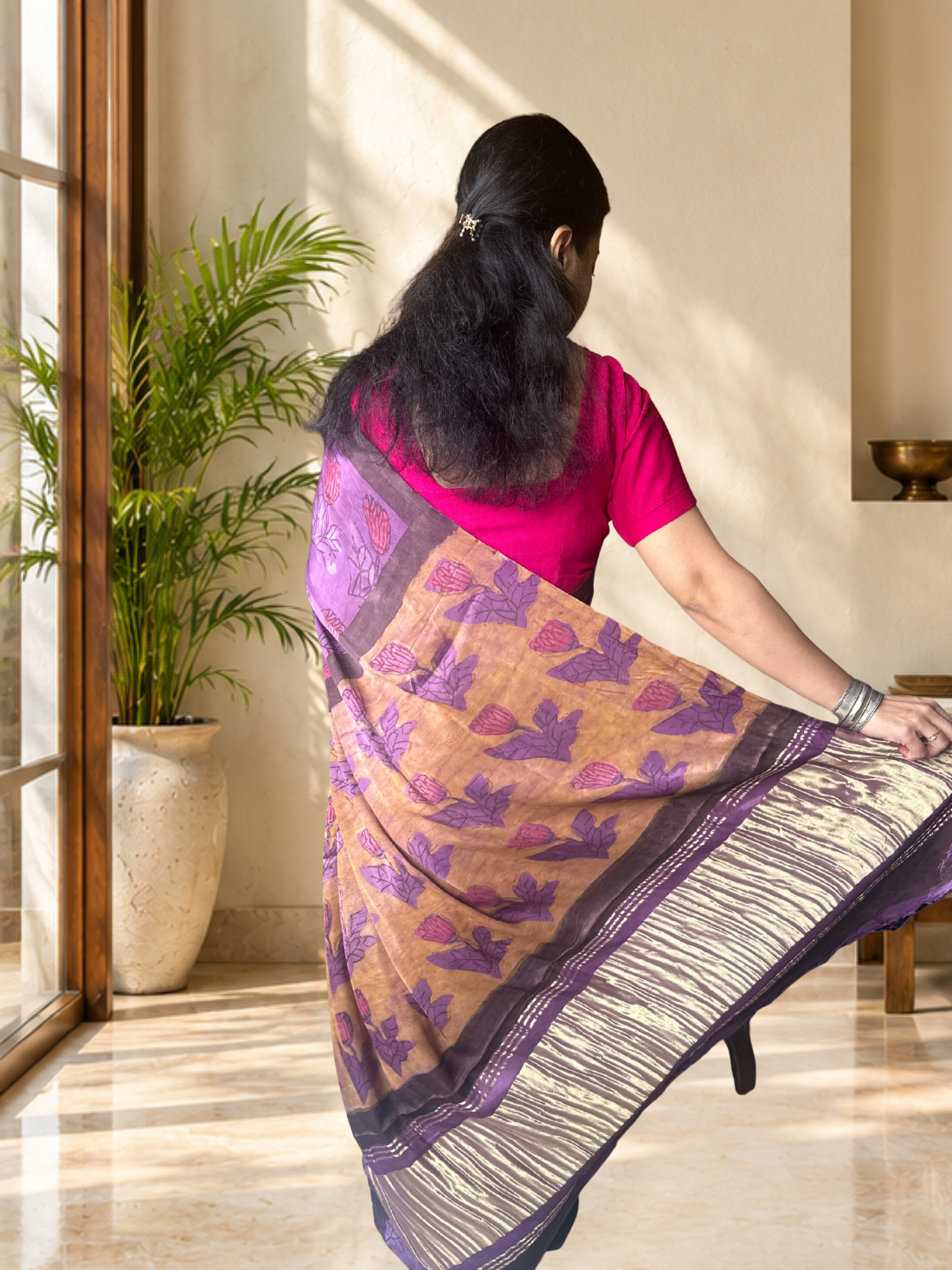 Purple Modal Silk Natural colour handblock print saree