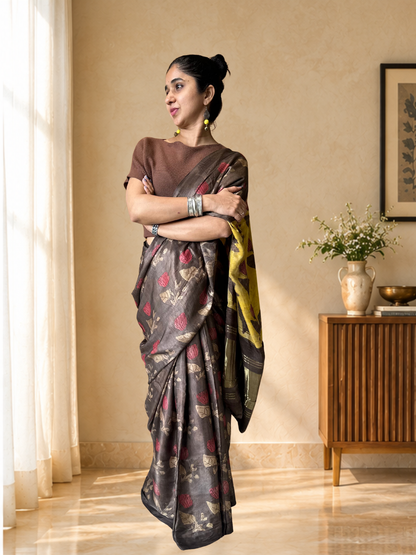 Brown Modal Silk Natural colour handblock print saree