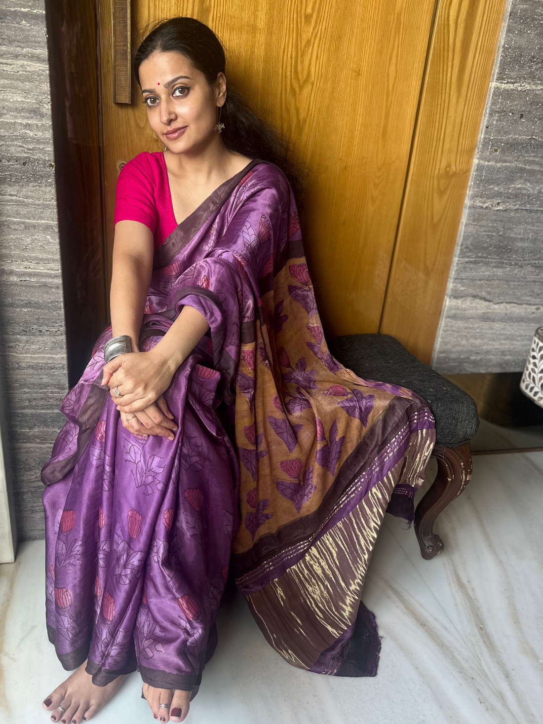 Purple Modal Silk Natural colour handblock print saree