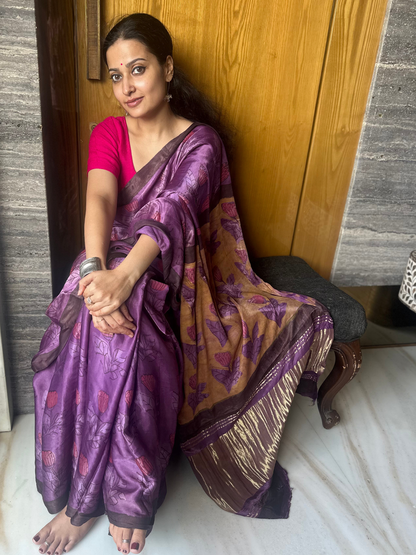Purple Modal Silk Natural colour handblock print saree