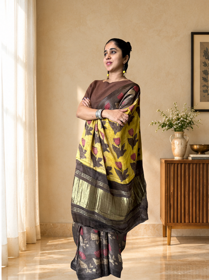 Brown Modal Silk Natural colour handblock print saree
