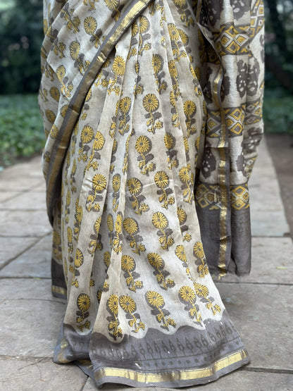 Coffee brown Chanderi silk cotton saree with floral print