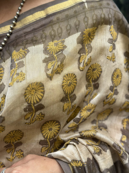 Coffee brown Chanderi silk cotton saree with floral print